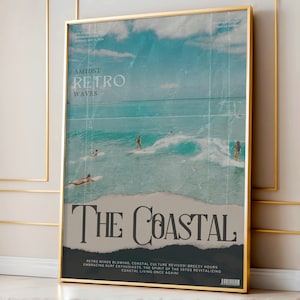 Stampa di una rivista di surf retrò: decorazione murale con cowgirl costiera blu (download digitale)