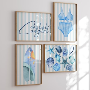 Blue Coastal Cowgirl Prints Set of, Bikini Surf Board Poster, Seashell Wall Art, Gift for Coastal Granddaughter, Digital Download