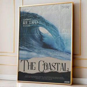 Impresión de revista de arte costero retro, arte de pared con tema de surf, póster de surfista con olas oceánicas, decoración para casa de playa y dormitorio, serie costera