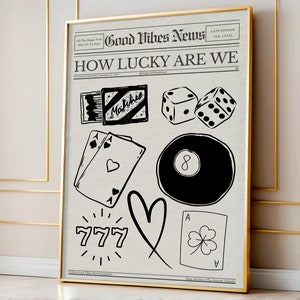 Schwarze Retro Wand Kunst Wie glücklich wir sind Druck, 8 Ball Ace Karte Match Box 777 Würfel Druck, Funky Y2k Wand Kunst Drucke Trendy, Zeitung Download