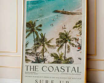 Pode incluir: Uma capa de revista vintage com uma foto de uma cena de praia com palmeiras e pessoas surfando. A revista se chama "The Coastal" e o slogan é "Beach Paradise Breaking News - The Best Surfer Out There Is The One Having The Most Fun - Surf-Up".