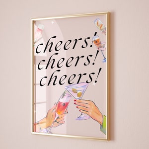 Roze Retro Cheers Poster, Champagne Cocktail Print, Bar Cart Art, 70's Wall Art, Preppy Esthetische Trendy Illustratie Grappig Girly Wall Decor