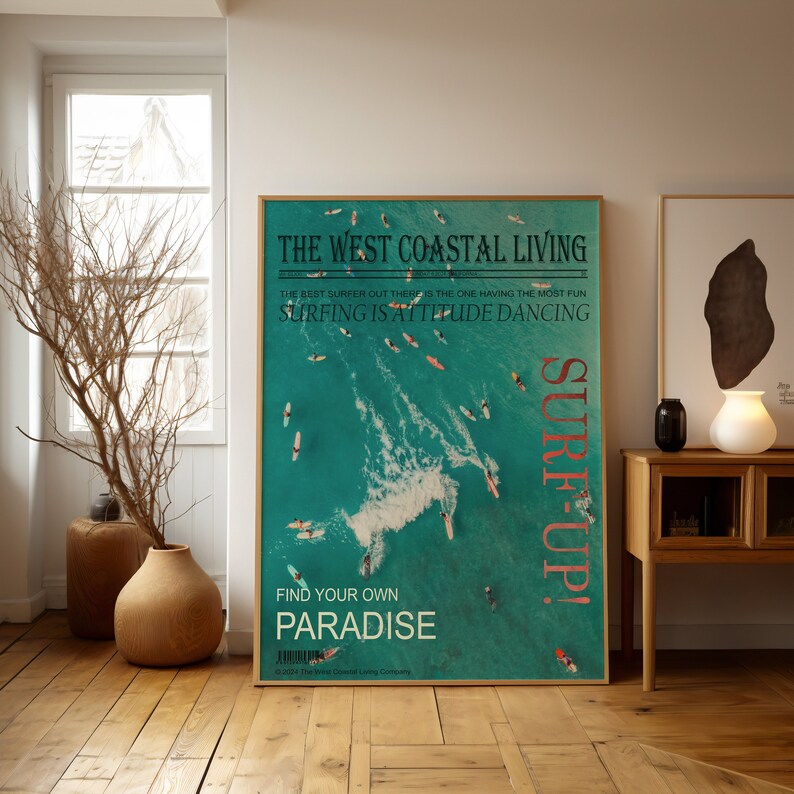 Coastal Surfer Cowgirl Magazine Cover Wall Art, Blue West Coastal Life Poster, Surf Wall Art, Surf-up Cowgirl Print, Best Gift For Surfer, Digital Download