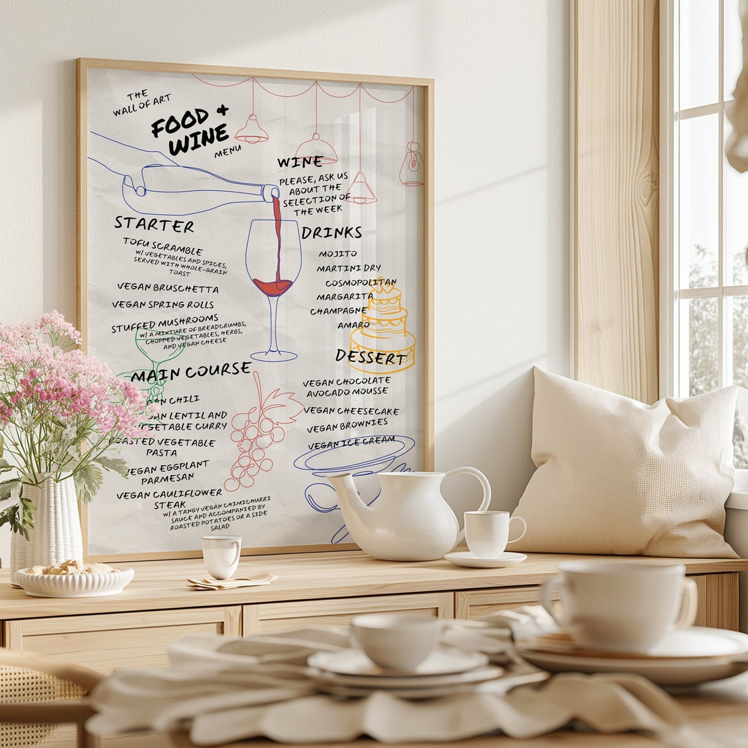 Table Menu. Art Hand Drawn Kitchen Menu Art Print: Retro Food & Wine (digital Download ...