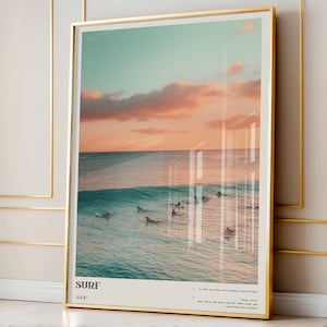 Arte mural de surf, póster de surf costero azul, impresión de definición de fotografía elegante, impresión artística oceánica, decoración estética para dormitorio, regalo para surfistas