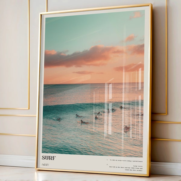 Surf kunst aan de muur, blauwe kust Surf Up poster, chique fotografie definitie print, Ocean Art Print, esthetische slaapzaal decor, surfer cadeau