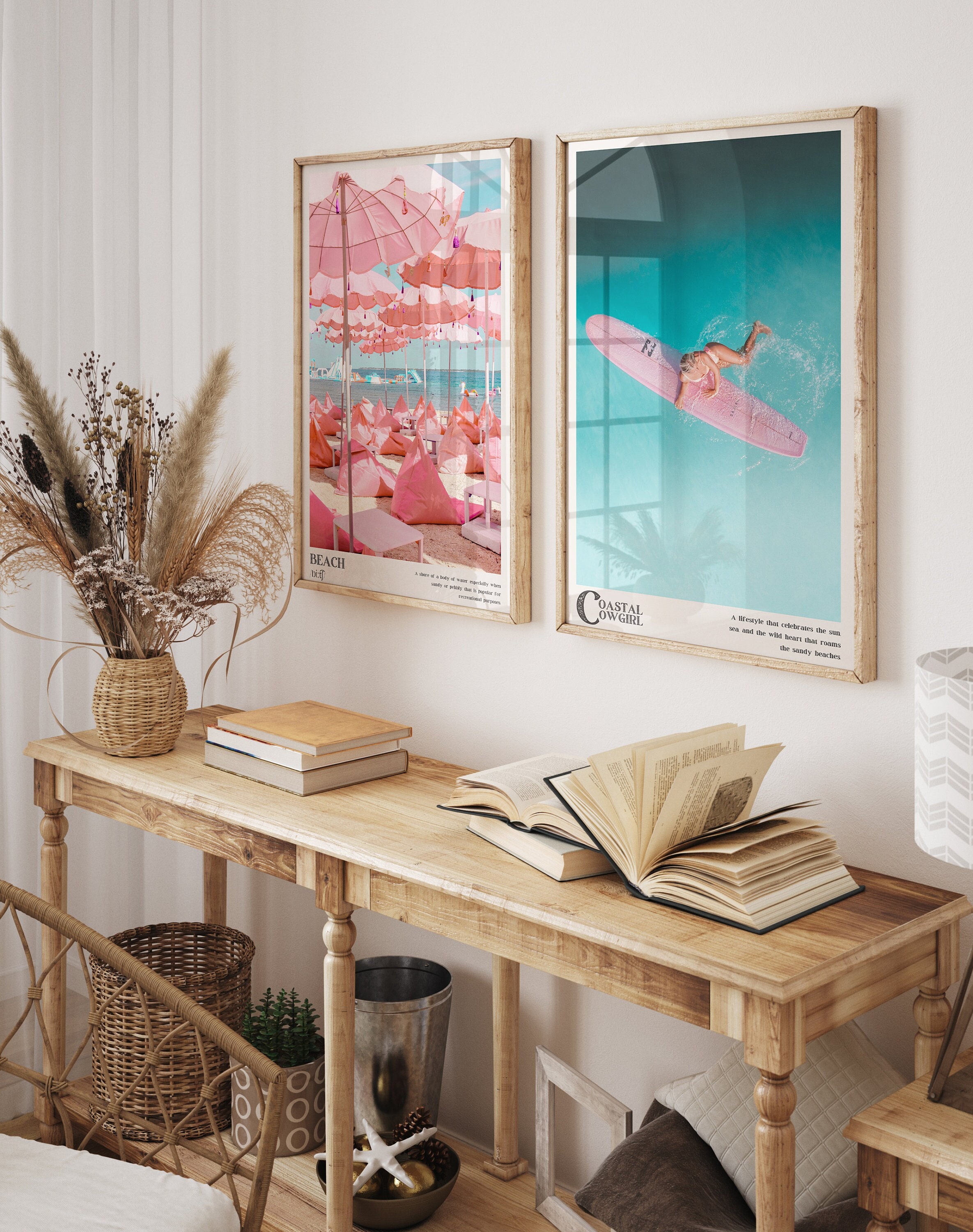 Pink Coastal Beachy Wall Art Coastal Cowgirl Beach Surfer Girl Prints Set of 2, Coastal Gifts, Dorm Wall Decor, Instant Download