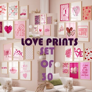 Trendy Valentines Day Print Set of 30, Love Poster, Pink and Red Gallery Wall Set, Love Quote Wall Art, Aesthetic Valentines Day Wall Decor, PDF, Digital download
