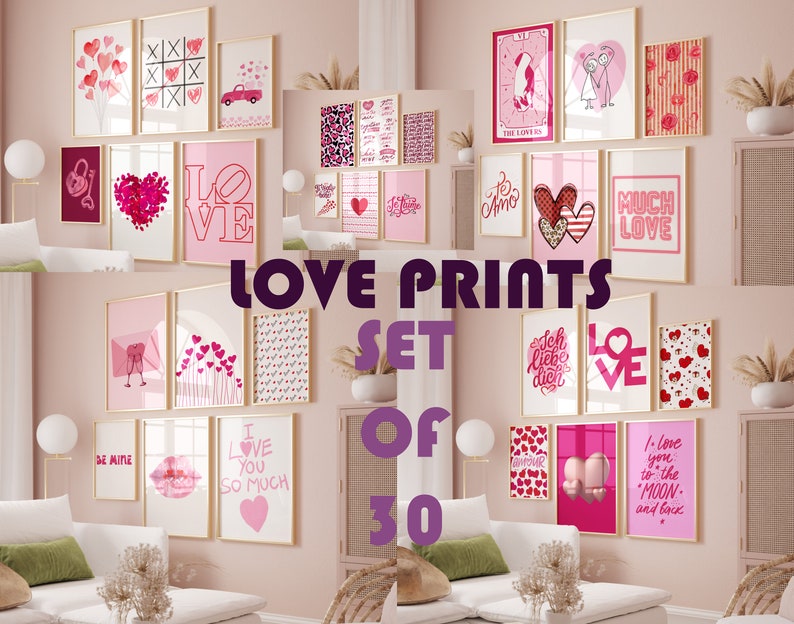 Trendy Valentines Day Print Set of 30, Love Poster, Pink and Red Gallery Wall Set, Love Quote Wall Art, Aesthetic Valentines Day Wall Decor, PDF, Digital download