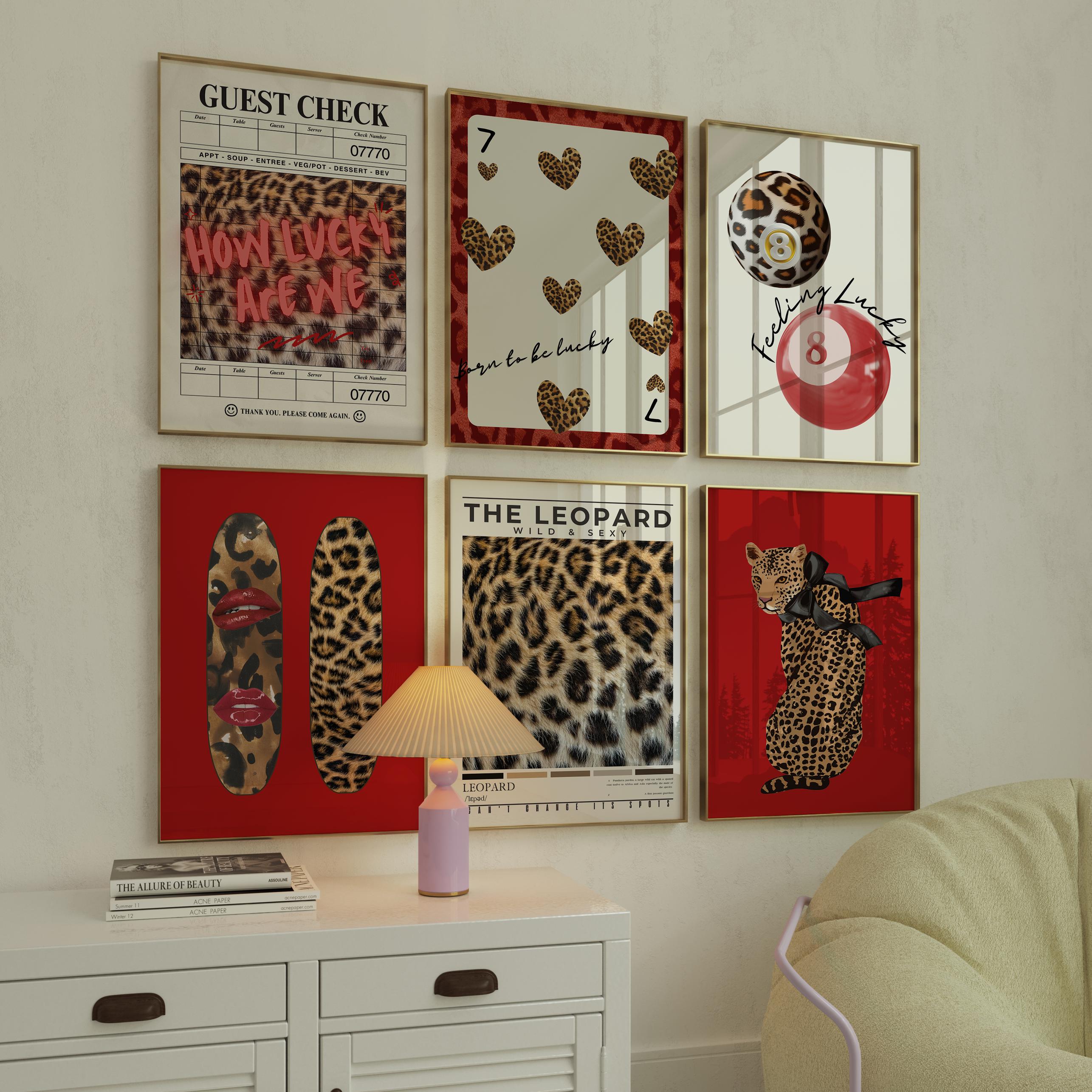 Red Leopard Wall Art Set, Leopard 8 Ball Poster, Leopard Lucky Prints, Cheetah Bedroom Dorm Wall Decor, Trendy Leopard Definition Print