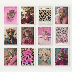 Leopard Wall Art Set of 12, Pink Dorm Wall Decor, Trendy Preppy Teen Girl Wall Prints Aesthetic, Digital Download, Cheetah Poster