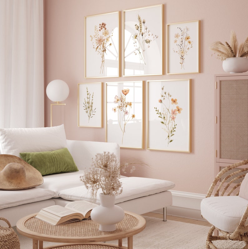 Abstract Watercolor Wildflower Gallery Wall Set, Neutral Minimalist Flower Bouquet Poster, Boho Botanical 6 Piece Wall Art Download