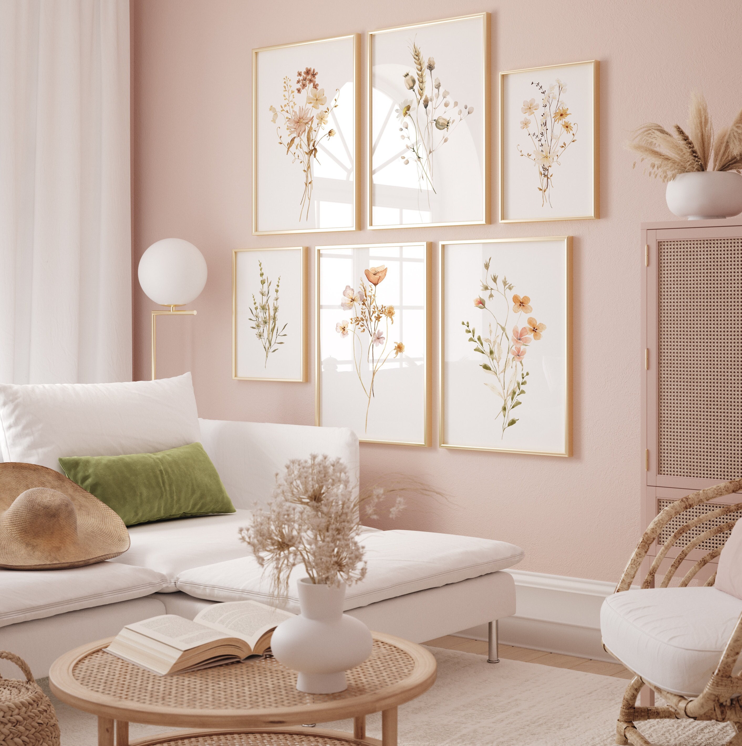 Watercolor Wildflower Wall Art, Minimalist Flower Bouquet Print Set of 6, Boho Botanical Wall Art Decor, Neutral Watercolor Floral Artwork