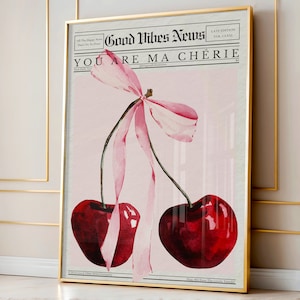 Arte de pared de periódico rosa de moda, impresión de arco de cerezas de acuarela, cartel de Ma Cherie, decoración de pared de dormitorio femenino, descarga digital de arte de noticias Good Vibes