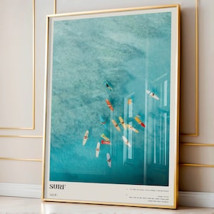 Arte de pared de surf moderno, póster de surf costero azul, impresión de definición fotográfica, impresión artística oceánica, decoración estética para dormitorio, regalo para surfistas