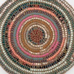 Upcycled fabric, handmade, boho, round, placemat, platemat, table topper, eco-friendly, wall decor, dinning, gift