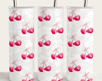 Coquette Cherry Tumbler Wrap: Pink Bow Lace Design (PNG)