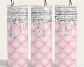 May include: Three stainless steel tumblers with a pink and silver design. The tumblers have a quilted pattern with silver rhinestones and a silver glitter drip design.