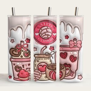 3D puff Kawaii Heart Cafecito Y Chisme Tumbler Wrap png/Tumbler Sublimation/Mexican PNG Designs/Concha Sublimation/pan dulce