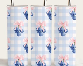 Blueberry Bow Tumbler Design: Gingham Coquette PNG (Digital Download)