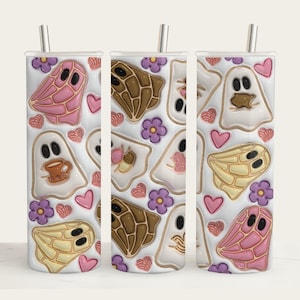 3D Cafecito Y Chisme Tumbler Wrap/Mexican Sublimation/Concha Ghost PNG /Skinny Tumbler Template/Mexican PNG Designs/Concha Sublimation