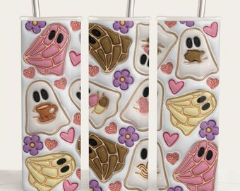 3D Cafecito Y Chisme Tumbler Wrap/Mexican Sublimation/Concha Ghost PNG /Skinny Tumbler Template/Mexican PNG Designs/Concha Sublimation