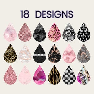 May include: 18 different designs of water drop shaped digital paper. The designs include animal prints, marble, glitter, and geometric patterns.