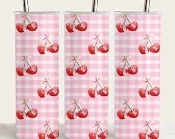 Gingham Cherry Tumbler Wrap: Pink Bow Coquette Design (PNG)