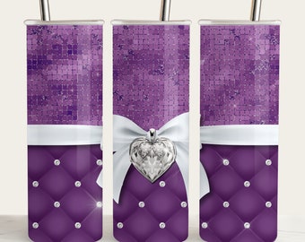 Purple Glam Tumbler Wrap: 3D Rhinestone Heart, 20oz Skinny Tumbler (PNG)