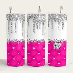 Half Fuchsia Pink Glam 3-d Tumbler Template Wrap / Sublimación / Vasos rectos de 20 oz / Diseño de vaso / Diseños PNG / Plantilla sin costuras