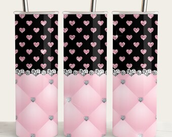 Envoltura para vaso con glamour rosa: Corazones brillantes PNG, diseño sin costuras (descarga digital)