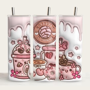 Coquette 3D puff Cafecito Y Chisme Tumbler Wrap png/Mug Sublimation/Tumbler Template/Mug PNG Designs/Kawaii Concha/pan dulce png