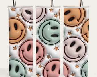 3-D Puff Inflated Retro Happy Face Tumbler Wrap/Sublimation/Skinny 20oz Tumbler Template/PNG Designs /Retro Sublimation