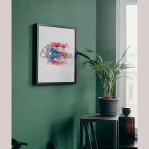 Puede incluir: Una impresi&oacute;n enmarcada con un fondo blanco y una imagen colorida de la bandera puertorrique&ntilde;a con la palabra "Borucna" escrita en letras doradas de purpurina.