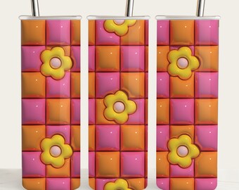 Retro Flower Tumbler Wrap: 3D Puffed Checkered Design (PNG)