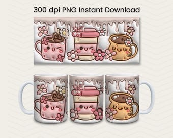 Kawaii Coffee Mug Sublimation Design: Valentine Mug Template (PNG Digital Download)