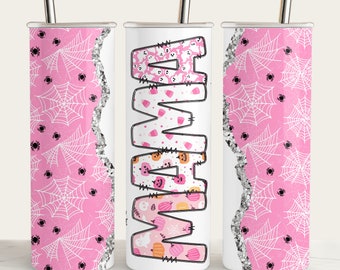 Pink Halloween Mama Tumbler Wrap: Spiderwebs, Pumpkins (PNG) (Digital Download)