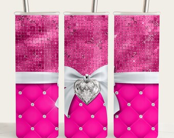 May include: Three pink and white stainless steel tumblers with a sparkly pink and white design. The tumblers feature a white ribbon with a silver heart charm and a pink quilted design with silver rhinestones.