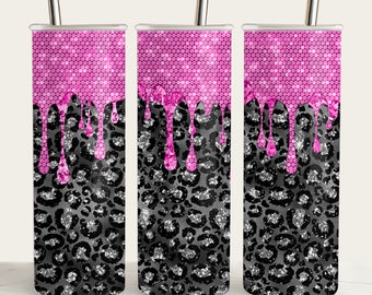 Pink Glitter Leopard Tumbler Wrap: Glam Sublimation Design (PNG)