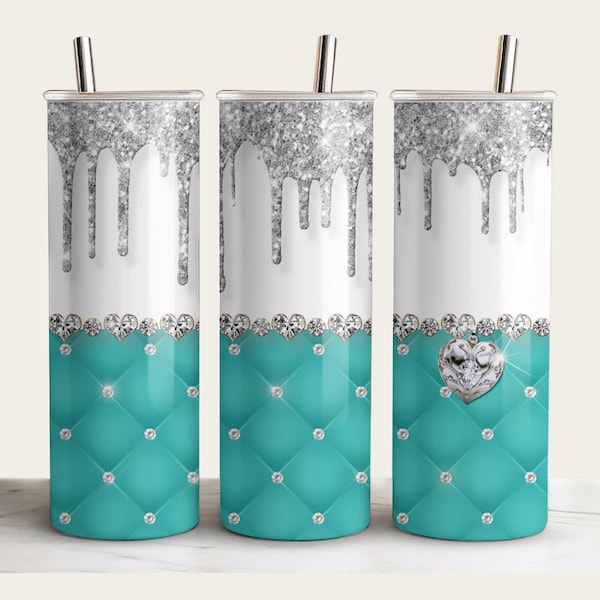 Half Turquoise Blue Glam 3-d Tumbler Template Wrap / Straight 20 oz Tumblers / Glam Tumbler Design /Luxury Tumbler Wrap / Seamless Template