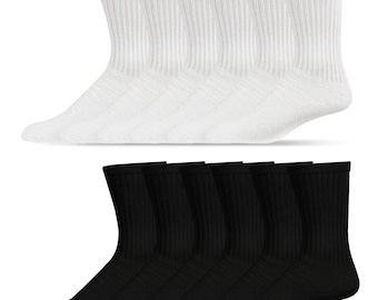 3 Pairs Mens Black/White Solid Sports Athletic Work Crew Long Cotton Socks Gym Workout Fitnes Activewear Training Socks Size 9-11 10-13