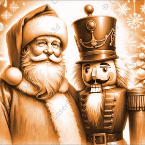 Puede incluir: Una ilustración en sepia de Santa Claus y un cascanueces de pie frente a dos árboles de Navidad decorados con bolas. Los árboles están adornados con copos de nieve y luces.