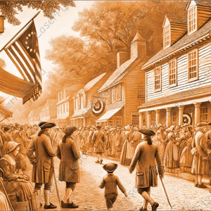 May include: A sepia-toned illustration depicting a crowd of people gathered in a colonial American town square. The scene features a flag with thirteen stripes and a star-studded circle, a building with a sign that reads "Committee of Correspondence & Safety", and several people in period clothing.