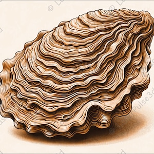 May include: A detailed illustration of a brown oyster shell with a textured, layered surface.