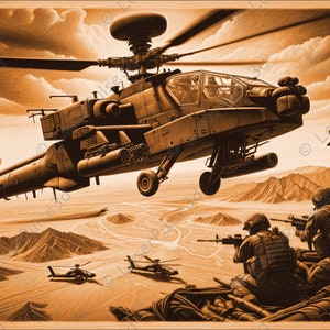 May include: A sepia-toned illustration of a military scene featuring an Apache helicopter flying over a desert landscape.  Soldiers are positioned on a hilltop, aiming their rifles at the helicopter.  The scene is reminiscent of a warzone.