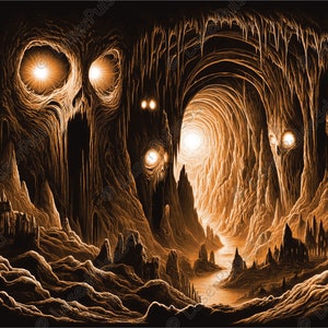 May include: A digital illustration of a dark, cavernous landscape with glowing eyes peering from the rock formations. The cave is lit by a faint light at the end of a tunnel.