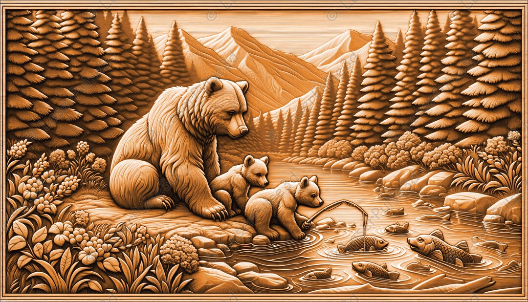 Bear Fishing Laser Engrave Image | Laser Burn PNG File | 3D Laser Ready ...
