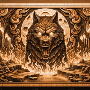Puede incluir: Una obra de arte de madera tallada que representa un lobo con ojos brillantes, sobre un fondo de llamas y luna llena. La boca del lobo está abierta en un gruñido amenazante, y las llamas se representan de forma estilizada, casi abstracta.