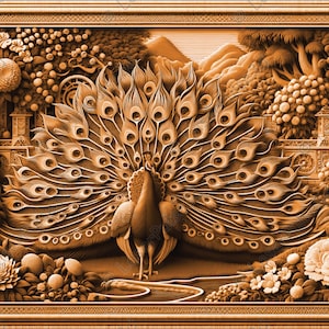 May include: A detailed wood carving of a peacock with its tail feathers spread out. The peacock is surrounded by flowers and foliage, and the carving is framed in a wooden frame.