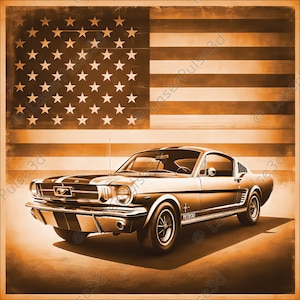 May include: A vintage, silver-grey Ford Mustang with a black racing stripe, set against a faded American flag background. The car has a black interior and a chrome bumper.